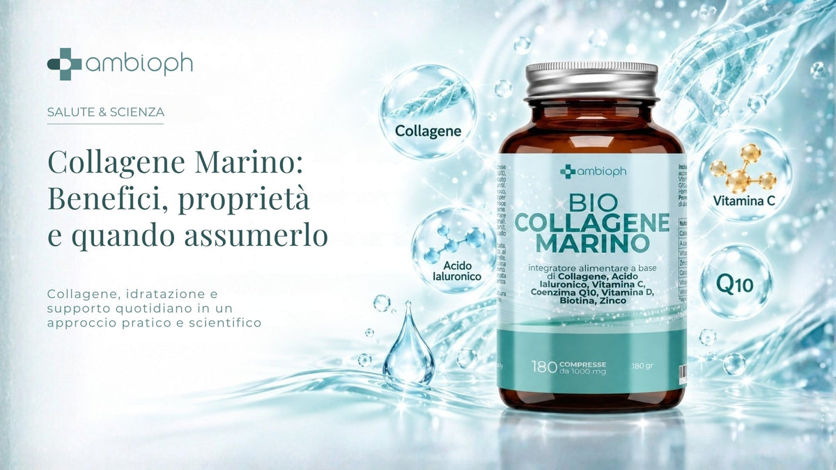 Flacone Bio Collagene Marino su sfondo azzurro.