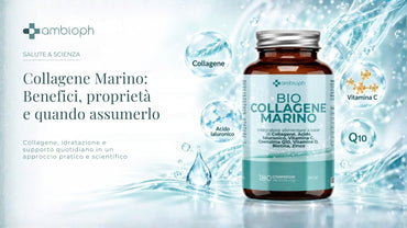Flacone Bio Collagene Marino su sfondo azzurro.