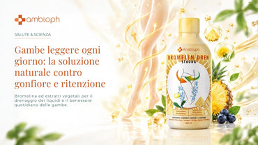 Flacone Bromelin Strong liquido con elementi vegetali su sfondo dorato.