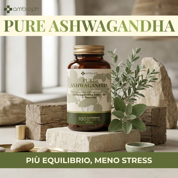 Pure Ashwagandha 180 Compresse da 500 mg – Integratore Alimentare con Ashwagandha KSM-66 e Teanina – Supporto per Relax, Benessere Mentale ed Equilibrio Psicofisico