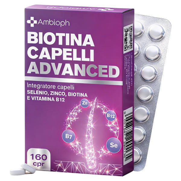 Biotina Capelli ADVANCED - Integratori per Capelli con Zinco, Selenio e Vitamina B12 – Formula rinforzante e di Crescita capelli, unghie e pelle – 160 cpr, Vitamine per capellì. BIOTINA - Ambioph